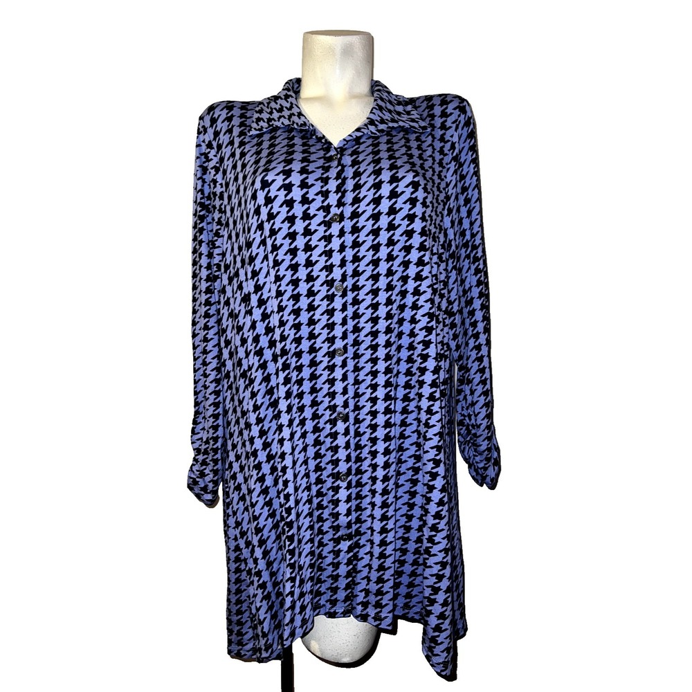 New Kim Rogers Top Size XXL Julianna Tunic Purple Black Houndstooth Button Shirt